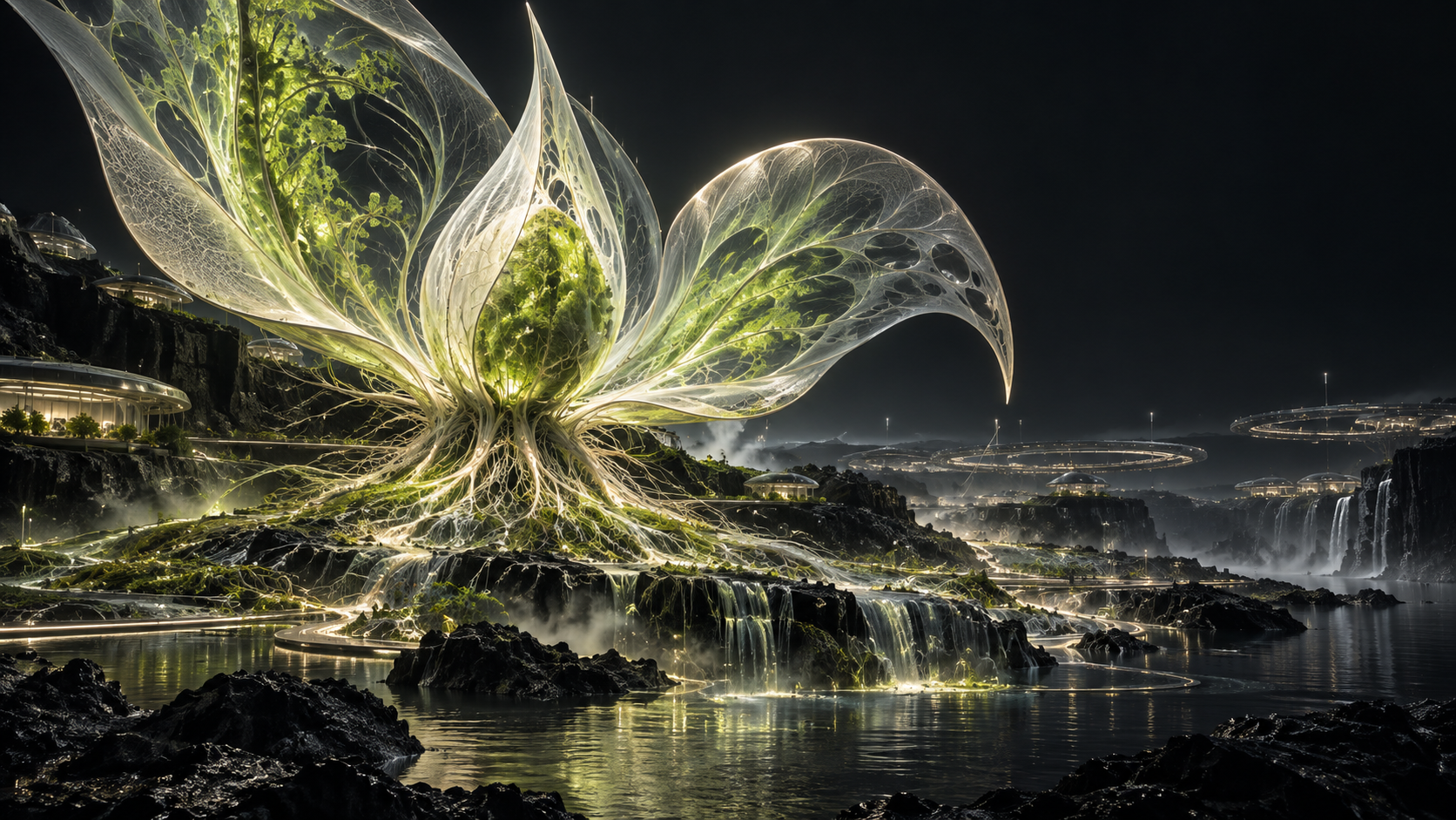 A vast luminous engineered organism growing across a mineral landscape